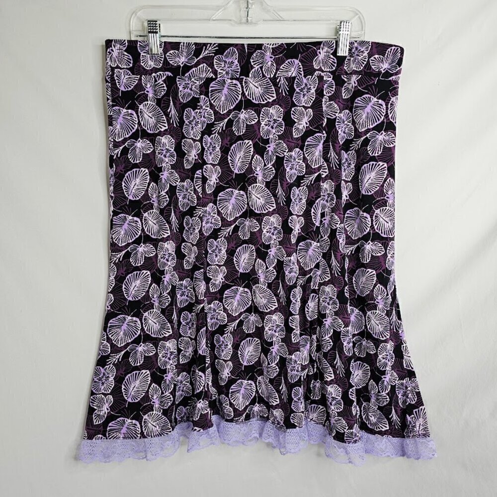 SAG HARBOR Skirt size L BLACK & PURPLE FLORAL w LACE Feminine Summer Spring Cute - Picture 2 of 6